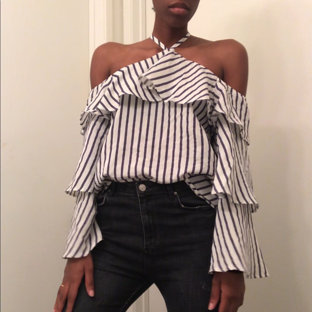 Striped Off The Shoulder Tiered Sleeve Blouse